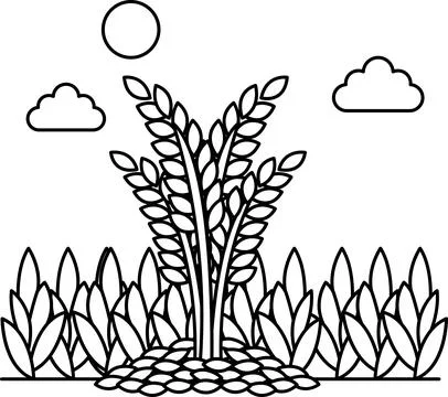 A black and white drawing of a tree with leaves and a sun in the background Stock Illustration