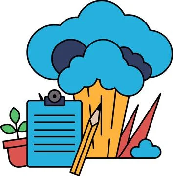 A black and white drawing of a tree with a clipboard and a pencil next to it Illustrazione stock