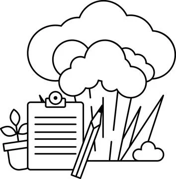A black and white drawing of a tree with a clipboard and a pencil next to it Stock Illustration