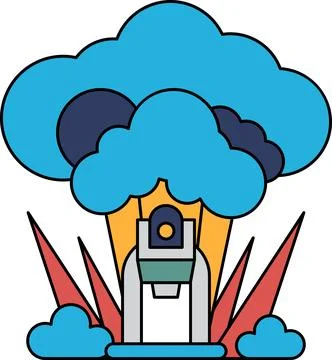 A black and white drawing of a tree with a rocket on top of it Stock Illustration