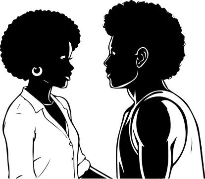 A black and white drawing of two people, one of whom is a woman Stock Illustration