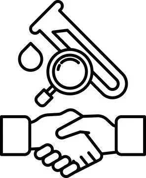 A black and white drawing of two hands shaking hands with a microscope Stock Illustration
