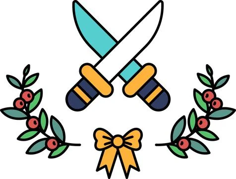 A black and white drawing of two knives with a bow and leaves イラスト素材