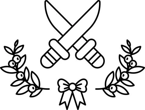A black and white drawing of two knives with a bow and leaves イラスト素材