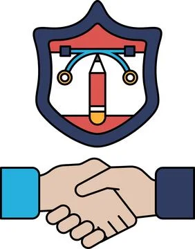 A black and white drawing of two hands shaking hands with a shield behind the Stock Illustration