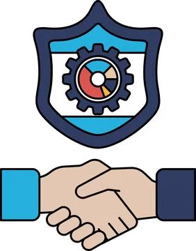 A black and white drawing of two hands shaking hands in front of a shield w.. Stock Illustration