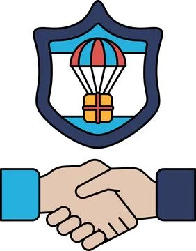 A black and white drawing of two hands shaking hands with a shield behind the Stock Illustration