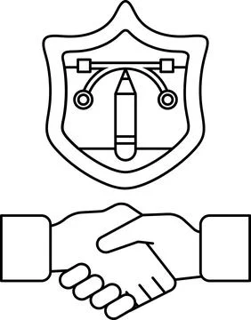 A black and white drawing of two hands shaking hands with a shield behind the Stock Illustration