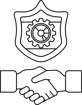 A black and white drawing of two hands shaking hands in front of a shield w.. Stock Illustration
