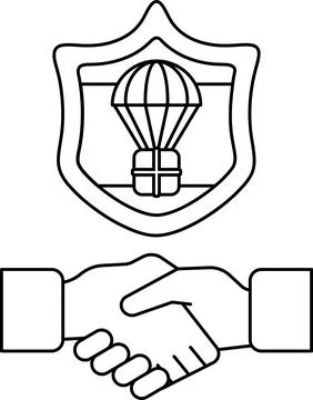 A black and white drawing of two hands shaking hands with a shield behind the Stock Illustration