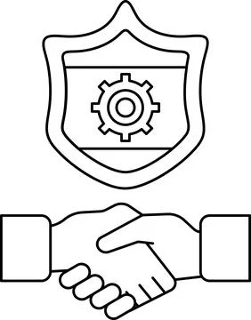 A black and white drawing of two hands shaking hands in front of a shield Stock Illustration
