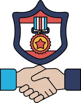 A black and white drawing of two hands shaking hands with a shield イラスト素材