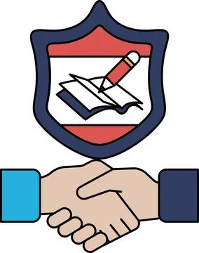 A black and white drawing of two hands shaking hands with a shield behind the Stock Illustration