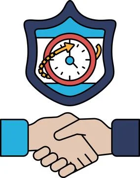 A black and white drawing of two hands shaking hands in front of a clock Stock Illustration