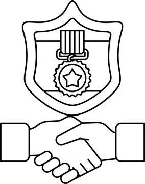 A black and white drawing of two hands shaking hands with a shield イラスト素材