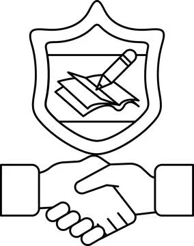 A black and white drawing of two hands shaking hands with a shield behind the Stock Illustration