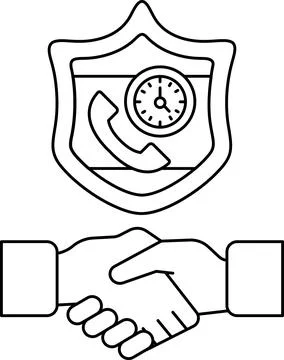 A black and white drawing of two hands shaking a shield with a clock on it Stock Illustration