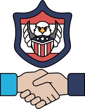 A black and white drawing of two hands shaking hands in front of a shield w.. Stock Illustration