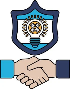 A black and white drawing of two hands shaking hands in front of a shield w.. Stock Illustration