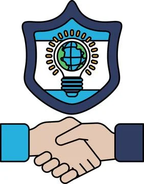 A black and white drawing of two hands shaking hands with a shield behind the Stock Illustration