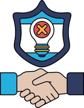 A black and white drawing of two hands shaking a shield with an X on it Stock Illustration