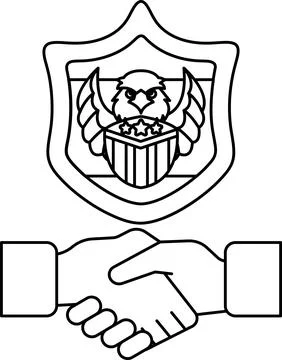 A black and white drawing of two hands shaking hands in front of a shield w.. Stock Illustration
