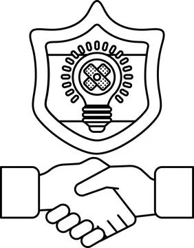 A black and white drawing of two hands shaking hands in front of a shield w.. Stock Illustration