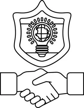 A black and white drawing of two hands shaking hands with a shield behind the Stock Illustration