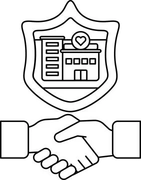 A black and white drawing of two hands shaking hands in front of a building Ilustración de archivo