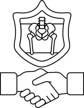 A black and white drawing of two hands shaking hands with a shield behind the Stock Illustration
