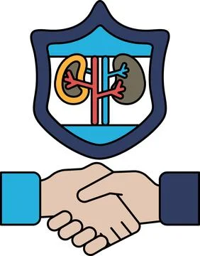 A black and white drawing of two hands shaking hands with a shield behind the Stock Illustration