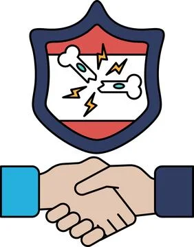 A black and white drawing of two hands shaking hands with a shield behind the Stock Illustration