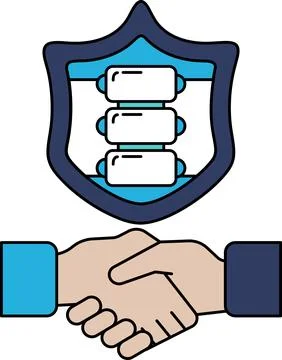 A black and white drawing of two hands shaking hands with a shield behind the Stock Illustration