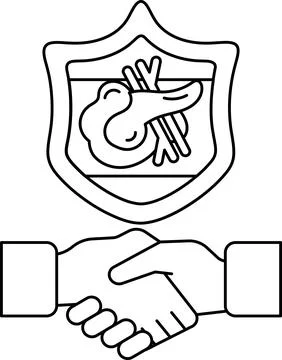 A black and white drawing of two hands shaking hands with a shield behind the Stock Illustration