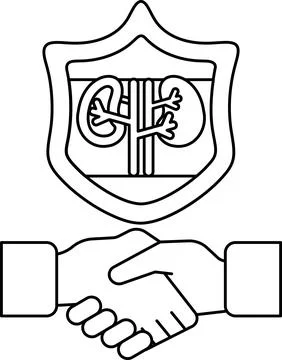 A black and white drawing of two hands shaking hands with a shield behind the Stock Illustration