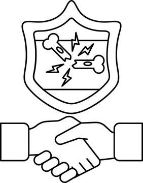 A black and white drawing of two hands shaking hands with a shield behind the Stock Illustration