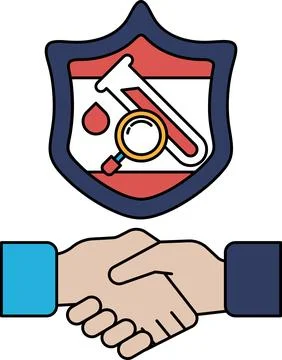 A black and white drawing of two hands shaking hands with a shield behind the Stock Illustration