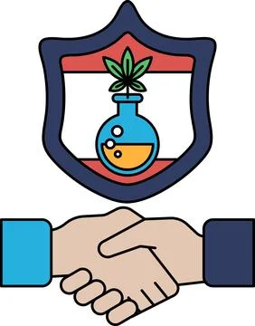 A black and white drawing of two hands shaking hands with a shield behind the Stock Illustration