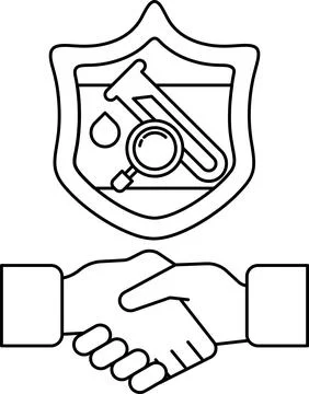 A black and white drawing of two hands shaking hands with a shield behind the Stock Illustration