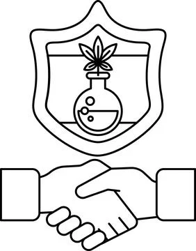 A black and white drawing of two hands shaking hands with a shield behind the Stock Illustration