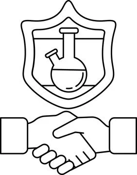 A black and white drawing of two hands shaking hands with a shield behind the Stock Illustration