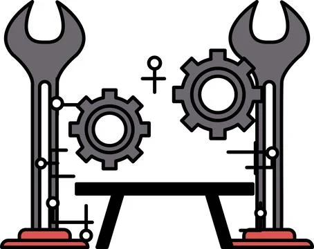 A black and white drawing of two gears with a wrench in between them Stock Illustration