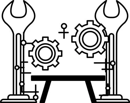 A black and white drawing of two gears with a wrench in between them Stock Illustration