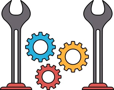 A black and white drawing of two wrenches with three gears between them Stock Illustration