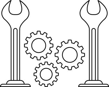 A black and white drawing of two wrenches with three gears between them Stock Illustration