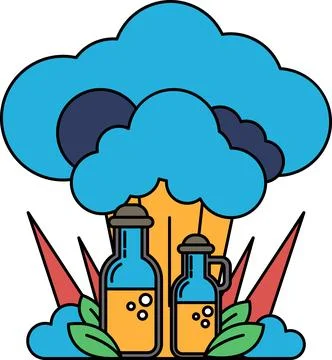A black and white drawing of two bottles of oil and a cloud Stock Illustration