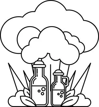A black and white drawing of two bottles of oil and a cloud イラスト素材