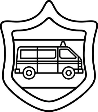 A black and white drawing of a van with a shield on the side Stock Illustration