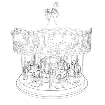 Black and White Drawing vector illustration of a carousel in a white background Stock Illustration