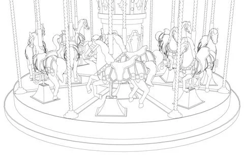 Black and White Drawing vector illustration of a carousel in a white background Stock Illustration